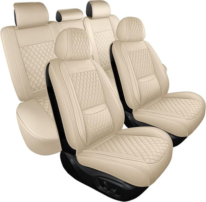 Car Seat Covers Full Set,Universal Precision Fit 3D Contoured Automotive Nappa Leather Seat Covers for SUV Truck Sedan,Anti-Slip Seat Cover with Lumbar Support Style2 Light Beige