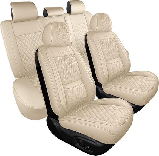 Car Seat Covers Full Set,Universal Precision Fit 3D Contoured Automotive Nappa Leather Seat Covers for SUV Truck Sedan,Anti-Slip Seat Cover with Lumbar Support Style2 Light Beige