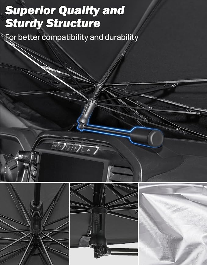 JOYTUTUS Windshield Sun Shade Umbrella, Upgraded 360° Rotation Bendable Shaft Handle, Foldable for Truck, Automotive Interior Sun Protection, UV Rays Block, Easy to Store and Use, 57''x 33''