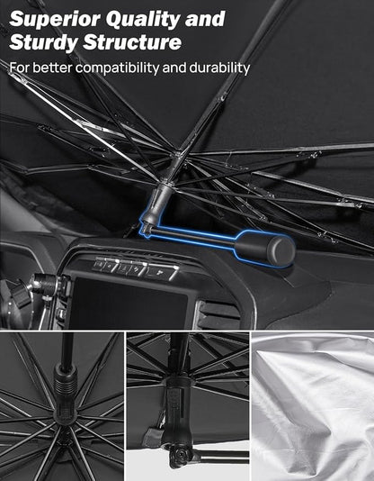 JOYTUTUS Windshield Sun Shade Umbrella, Upgraded 360° Rotation Bendable Shaft Handle, Foldable for Mini Car/Hatchback, Automotive Interior Sun Protection, UV Rays Block, 51''x 29''