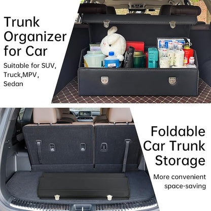 Car Trunk Organizer with Lid,Foldable Faux Leather Cargo Storage Box,3 Compartments,Collapsible Multi-Functional for SUV,Sedan,Vehicle Trunk
