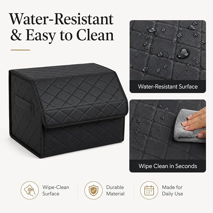 Leather Car Trunk Organizer with Lid,65L Foldable Storage Box for Universal Cars, SUVs, Sedans and MPVs, Removable Divider, Carry Handles, Black