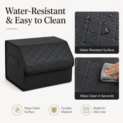 Leather Car Trunk Organizer with Lid,65L Foldable Storage Box for Universal Cars, SUVs, Sedans and MPVs, Removable Divider, Carry Handles, Black