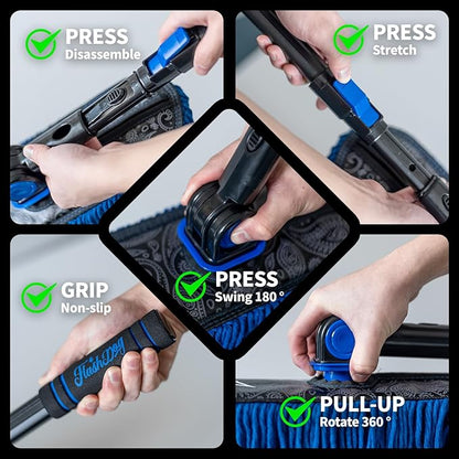 Flash Dog Waterless Car Duster - Wax Cotton Strands 360°Swivel Head & Extendable Aluminum Alloy Handle for Scratch-Free Dusting on Cars, Trucks, SUVs, RVs