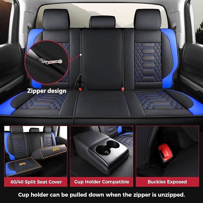 FREESOO Tundra Seat Covers 2014-2021 Full Set, Fit for Toyota Tundra Crewmax Cab, Custom Truck Seat Covers with Waterproof Faux Leather BlackBlue