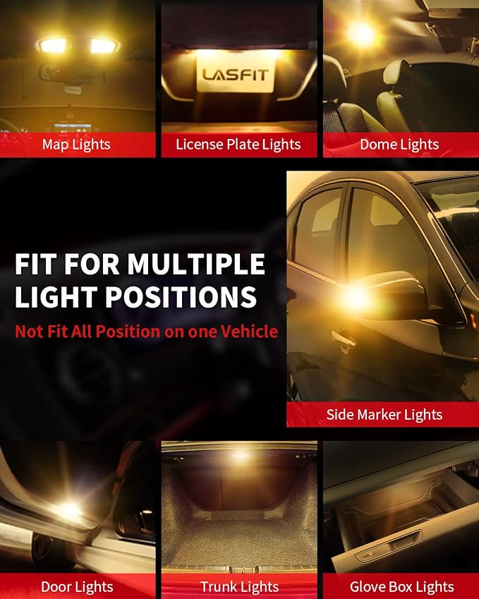 LASFIT 194 168 T10 2825 W5W LED Bulb Canbus Error Free, Non-Polarity 400LM Extremely Bright for Side Marker Map Doors, 12-24V, Amber Yellow, Pack of 2