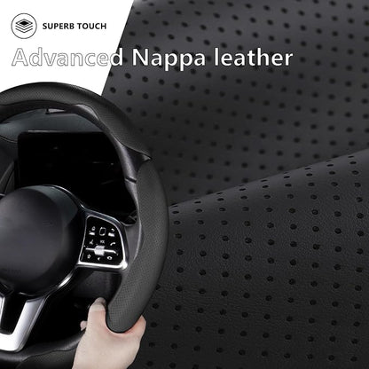 Car Steering Wheel Cover Leather Snap On 3Pcs Set Non-Slip Protector Wrap Steering Wheel Accessories 14.5-15 inch Universal Black