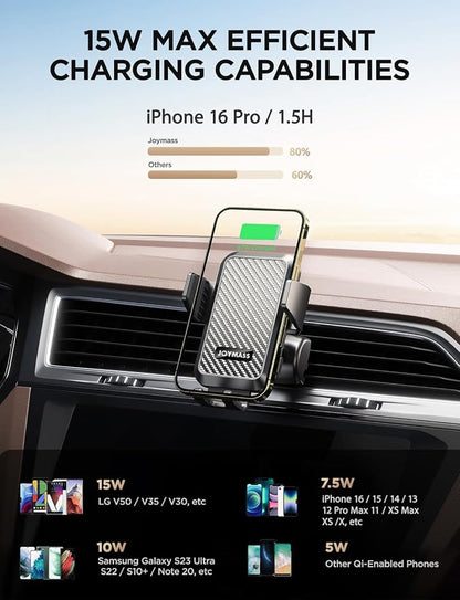 Wireless Car Charger, 15W Fast Charging Auto Clamping Car Charger Cell Phone Holder Mount Vent for iPhone 15 14 13 12 Mini Pro Max 11 XR XS X, Samsung Galaxy S23 Ultra S22 S21+ Note 20, etc