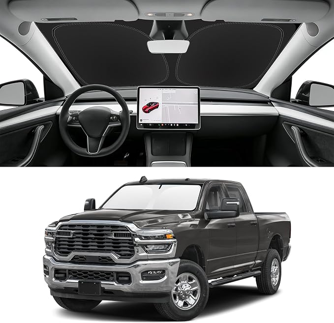 Custom Fit Windshield Sun Shade for RAM 2500 3500 2010-2026, Blocks UV & Heat, Front Window Sunshade Accessories, Easy Fold & Store Keep Your Car Cooler