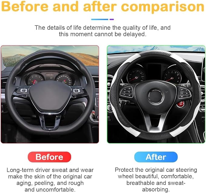 Osilly Car Steering Wheel Cover, 15 inch Carbon Fiber Microfiber PU Leather Elastic Steering Wheel Protector for Men Women, Anti-Slip Breathable Car Interior Accessories for Most Cars (Black/White)