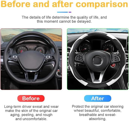 Osilly Car Steering Wheel Cover, 15 inch Carbon Fiber Microfiber PU Leather Elastic Steering Wheel Protector for Men Women, Anti-Slip Breathable Car Interior Accessories for Most Cars (Black/White)