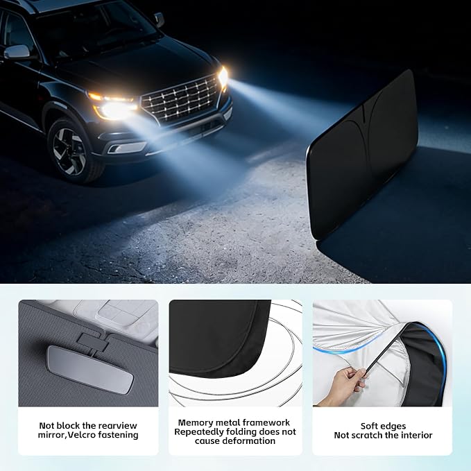 Windshield Sun Shade for Hyundai Venue 2020-2026 Sunshade 300T Windshield Cover Shield Protector Blocks UV Rays Custom Fit Venue Front Window Shades Windshield Accessories Keep Cool Foldable