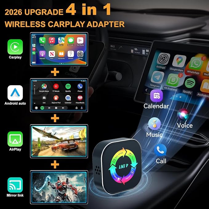 2026 Upgraded Wireless Carplay Adapter, 4 in 1 Screen Mirroring Support Mirror Link/AirPlay for Apple CarPlay & Android Auto