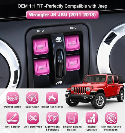 Upgrade Metal Window Switch Button Cover Fit for Jeep Wrangler JK JKU 2018 2017 2016 2015 2014 2013 2012 2011 Accessories,Interior Trim Kit 4PCS (Pink)