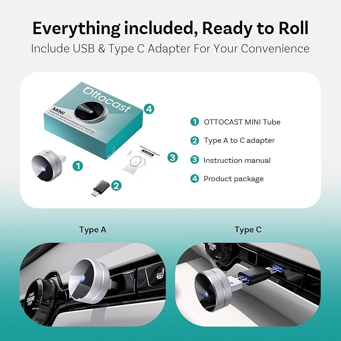 OTTOCAST Mini Tube 2026 Wireless CarPlay & Android Auto Adapter, 5GHz WiFi Auto Connect, Plug & Play for iPhone & Android, Stable Performance, Premium Aluminum Design