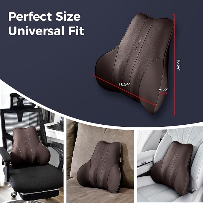 Coverado Lumbar Support Pillow for Car, Ergonomic Memory Foam Back Pillow for Office Chair, New Back Cushion for Pain Relief, PU Leather Car Lumbar Support for Driving Seat