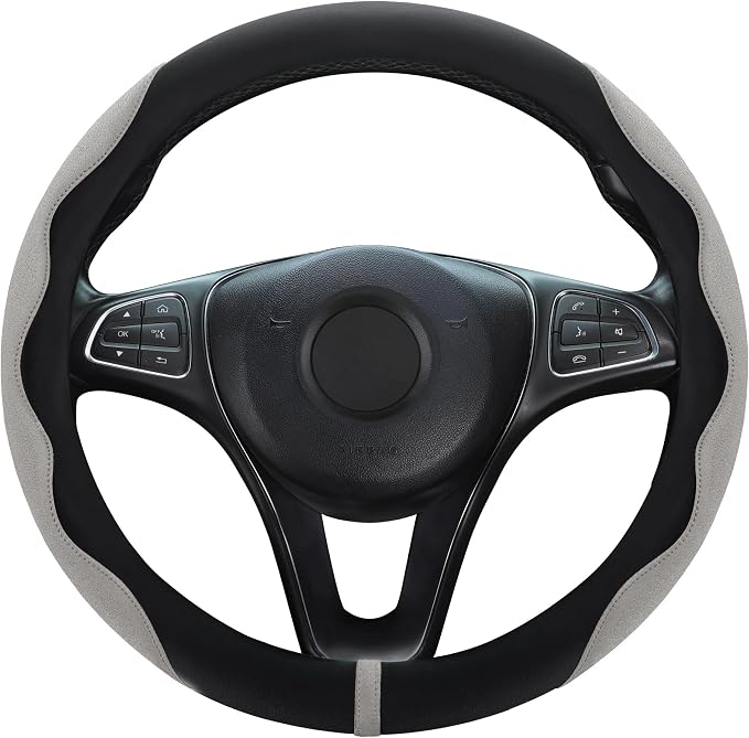 HighnessHwoo Luxury Suede Steering Wheel Cover for Cars, Soft Leather Padded Wheels Cover for F150, Trucks, Jeep, Van, Auto Thin Large Car Handle Cover, Universal Fit, Anti Slip, 15.2-16in, Gray