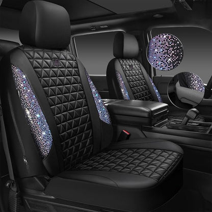CAR PASS Bling Diamond Black Leather Car Seat Covers Full Set Interior Sets, Waterproof Shining Glitter Sparkly Crystal Armrest Fit Automotive Truck SUV Cute Women Girl, Bedazzed Iridescent Rhinestone