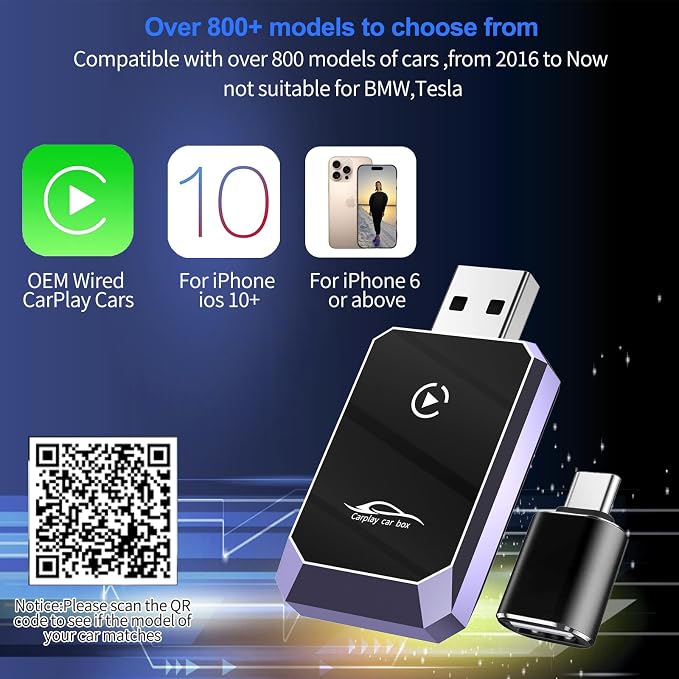 Wireless CarPlay Adapter for iPhone, Convert Wired to Wireless CarPlay, Mini CarPlay Wireless Adapter for iPhone 6+ and Cars from 2016, Plug and Play, Supports Voice Commands Via Siri