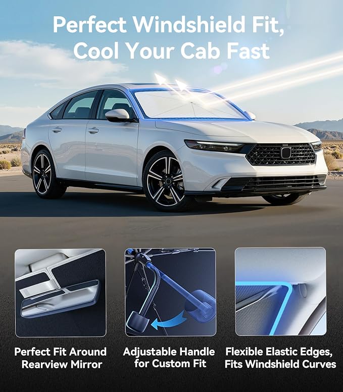 [Upgraded] Nmoiss Windshield Sun Shade Umbrella, [Vinyl Coating Heat Shield] Protect Car from Sun Rays & Heat Damage Keep Cool and Protect Interior, Spring Structure Edge, Standard Small