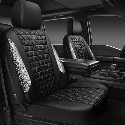 CAR PASS Bling Diamond Leather Car Seat Covers for 2 Front Interior Sets, Waterproof Shining Glitter Sparkly Crystal Universal Armrest Fit Automotive Truck SUV Cute Women Girl, Black Silver Rhinestone