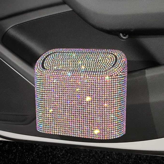 Bling Rhinestone Car Trash Can, Colorful, Swing-Lid, Plastic