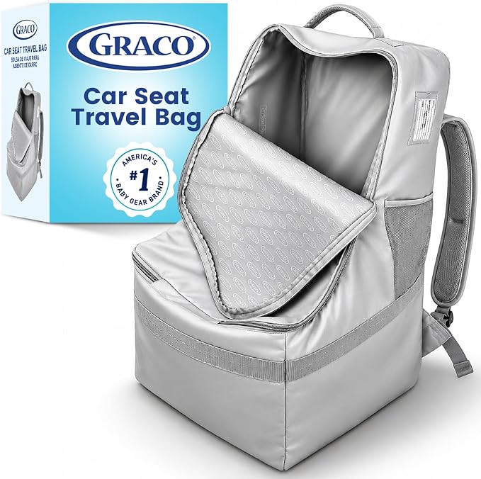 Graco Padded Car Seat Travel Bag & Infant Carrier Backpack, Durable Large Back Pack for Carseats & Booster Seats, Airport Gate Check Bag Luggage, Double Padded Strap, Water Resistant Material, Gray