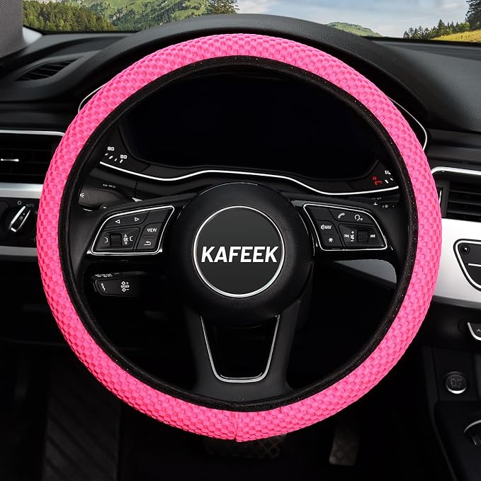 KAFEEK Elastic Stretch Steering Wheel Cover 15 Inch, Breathable Ice Silk Microfiber, Non-Slip Grip, Warm in Winter and Cool in Summer, Odorless, Car Accessories Fit Cars, SUVs, Rose Red