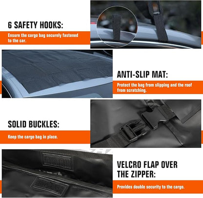 21 Cubic Feet Rooftop Cargo Carrier Bag, 840D Waterproof Car Roof Bag for Cars with/Without Racks, Heavy Duty Roof Top Cargo Bag with Anti-Slip Mat, 6 Door Hooks, Storage Bag & Lock