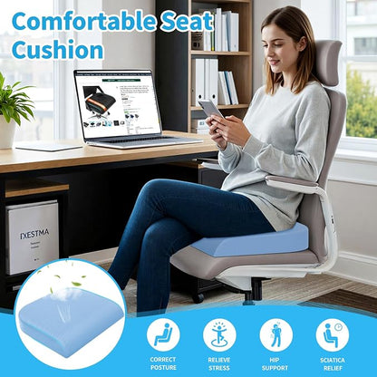 TranquilRelax Large Seat Cushion, Memory Foam Cushion for Long Sitting Hours on Office Chair, Home & Car, Non-Slip Chair Pad for Relieving Back & Sciatica & Hip & Coccyx Pain (Light Blue)