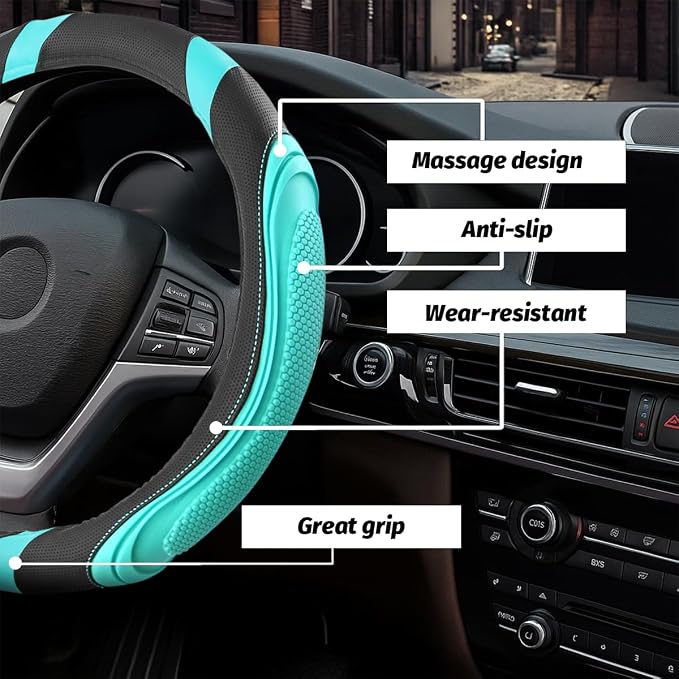 Osilly 15 Inch Car Leather Steering Wheel Cover, Automotive Accessories Elastic Breathable Anti-Slip Soft Wheel Protector Fits Men and Women, Suitable for SUVs, Trucks, Vehicles and RVs (Green)