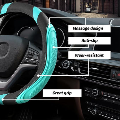 Osilly 15 Inch Car Leather Steering Wheel Cover, Automotive Accessories Elastic Breathable Anti-Slip Soft Wheel Protector Fits Men and Women, Suitable for SUVs, Trucks, Vehicles and RVs (Green)
