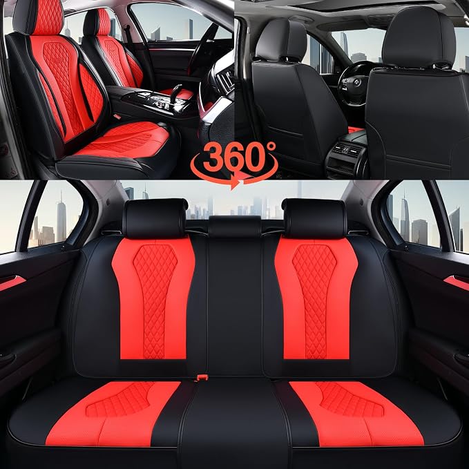 Coverado Car Seat Covers, Seat Covers Full Set, Red Car Seat Cover, Auto Seat Covers Front Seats Rear Seat Cover, Luxury Car Seat Cushion,Leather Seat Cover Seat Protector Universal Fit Most Cars