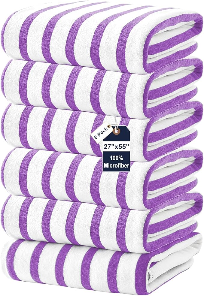 JML Microfiber Beach Towels, 6 Pack, 27" x 55", Large Bath Towel Set for Adult- Cabana Stripe - Absorbent, Quick Drying Lint-Free, No Fading for Summer Party, Pool, Sport, Yoga, Swimming, Purple