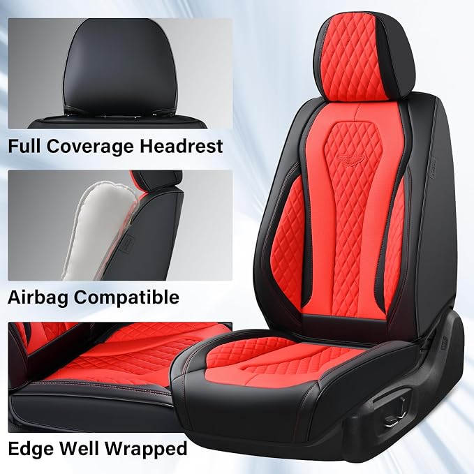 Coverado Car Seat Covers, Seat Covers Full Set, Red Car Seat Cover, Auto Seat Covers Front Seats Rear Seat Cover, Luxury Car Seat Cushion,Leather Seat Cover Seat Protector Universal Fit Most Cars