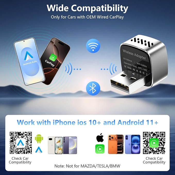 Wireless CarPlay Adapter & Android Auto Dongle, One Click Multi Device Switching Seamless Connection, Compact Size, Plug & Play Wireless CarPlay Converter for iPhone & Android, USB/USB-C, No Delay