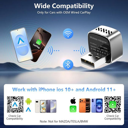 Wireless CarPlay Adapter & Android Auto Dongle, One Click Multi Device Switching Seamless Connection, Compact Size, Plug & Play Wireless CarPlay Converter for iPhone & Android, USB/USB-C, No Delay