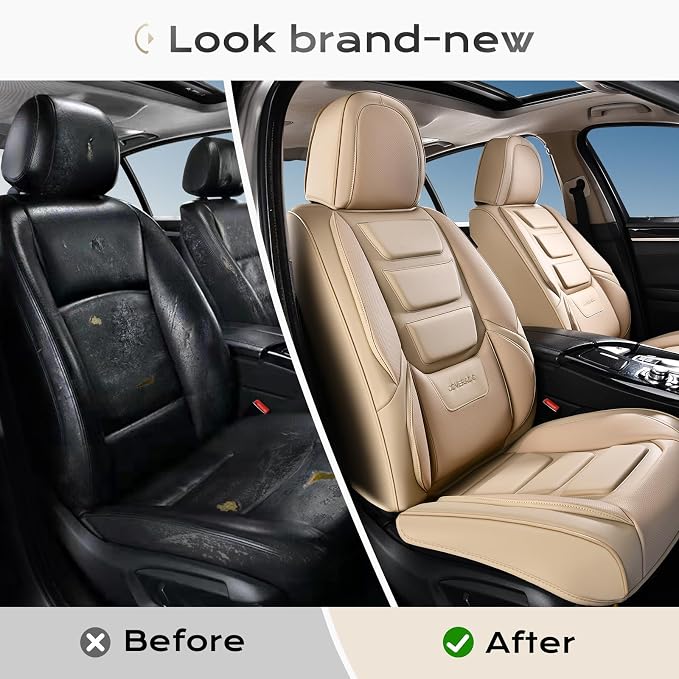 Coverado Car Seat Covers, Front Covers for Cars, Car Seat Cover Front Seats, Automotive Seat Cover, Waterproof, Leather Car Seat Cushion, Universal Interior Covers Seat Protectors for Most Cars Beige
