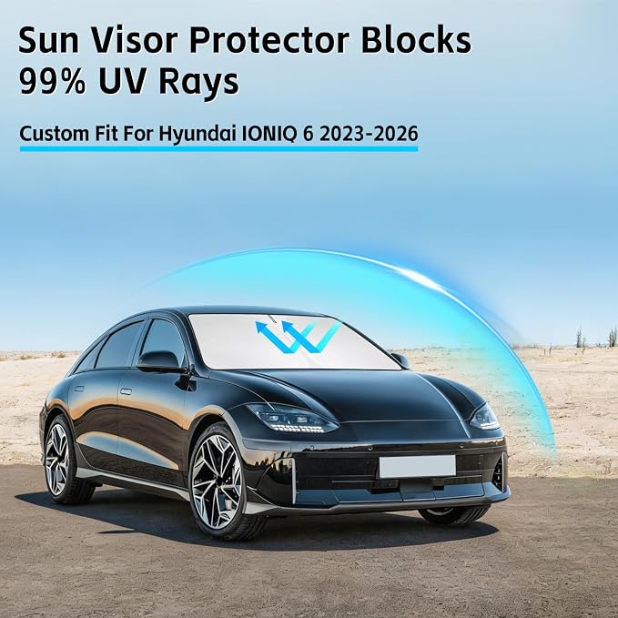 Windshield Sun Shade for Hyundai Ioniq 6 2023-2026 Sunshade 300T Windshield Cover Protector Blocks UV Rays Custom Fit Ioniq6 Front Window Shades Windshield Accessories Keep Cool Foldable