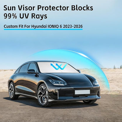 Windshield Sun Shade for Hyundai Ioniq 6 2023-2026 Sunshade 300T Windshield Cover Protector Blocks UV Rays Custom Fit Ioniq6 Front Window Shades Windshield Accessories Keep Cool Foldable