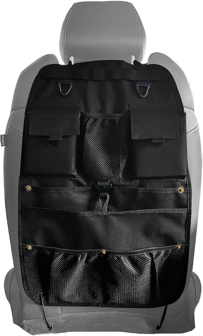 Car Seat Back Organizer with Multiple Storage Pockets, Black Mesh and Fabric, Universal Fit