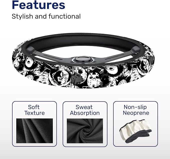 GENANY Horror Mask Steering Wheel Cover, Non Slip Polyester Car Wheel Protector for Car SUV Truck, Universal 15 Inch