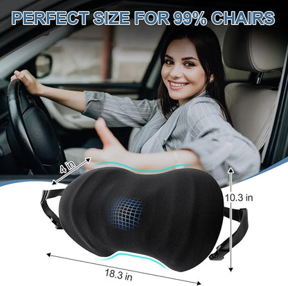 BYMECOST Lumbar Support Pillow for Car, Ergonomic Back Cushion with Strap, Memory Foam Lower Back Support Cushion for Driving, Lumbar Pillow for Pain Relief, for Office Chair, Long Sitting (Black)