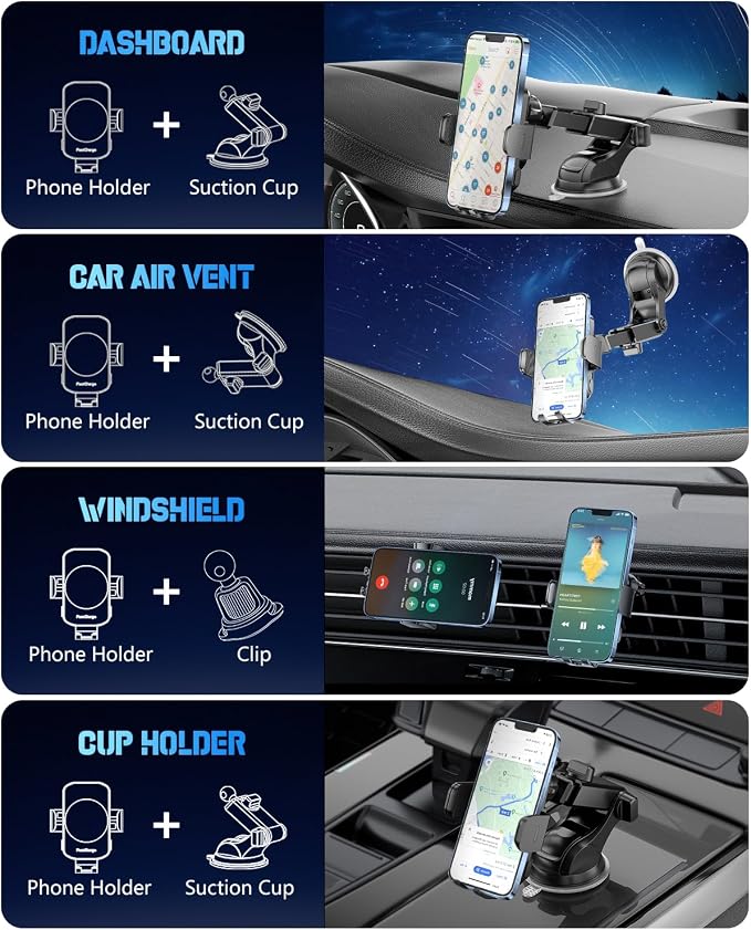 3-in-1 Wireless Car Charger Mount, 15W Fast Charging Auto-Clamping Phone Holder for iPhone 17 16 15 14, Samsung Galaxy S24 S23, Dashboard, Vent & Windshield Car Mount(Black)
