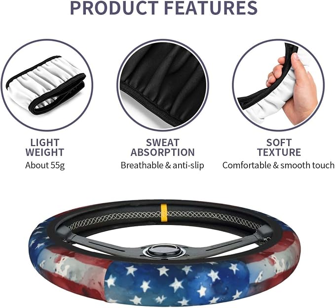 4th of July Flag Steering Wheel Covers Non Slip Neoprene Universal 15 Inch Steering Wheel Protector Car Cover for Men Women
