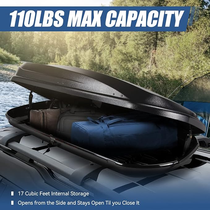 Auto Dynasty Hard Shell Roof Top Mount Car Storage Travel Luggage Box Cargo Carrier with Security Keys, 78 (L) x 31 (W) x 15 (H) Inches, Capacity 110 Pounds, 17 Cubic Feet, Textured Black