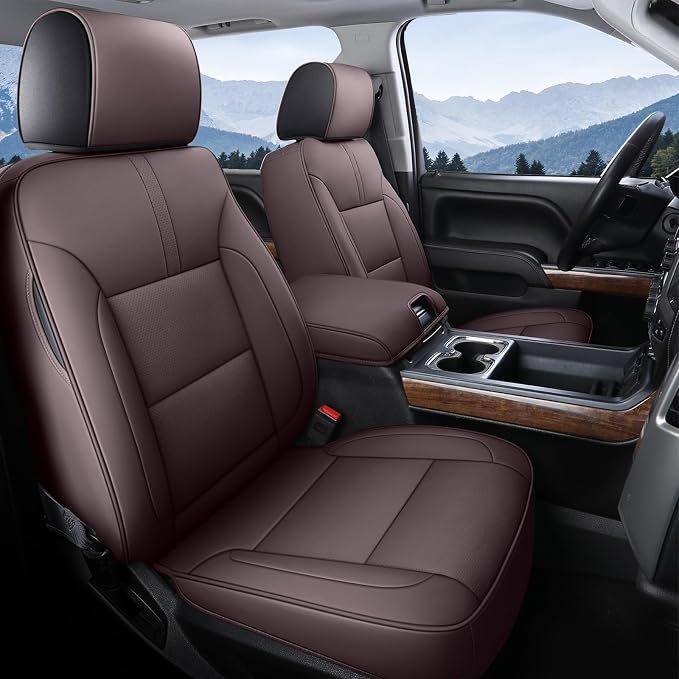 Coverado Chevy Silverado Seat Covers, Faux Leather Seat Covers Fit for Chevy Silverado GMC Sierra 2007-2026 1500, 2015-2026 2500HD 3500HD Crew Double Extended Cab (Front,Brown)