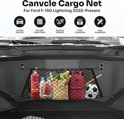 Canvcle Front Trunk Frunk Cargo Net for 2022-2025 2026 Ford F-150 Lightning Accessories Stand Envelope Style Mesh Trunk Net Organizer and Storage Stretchable Adjustable Elastic Nylon Cargo Netting