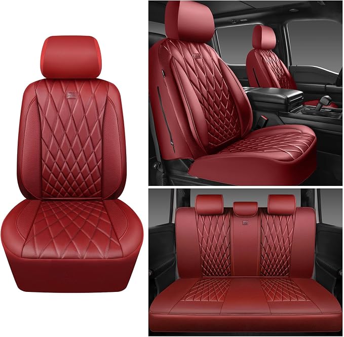 CAR PASS Piping Luxury Faux Leather Seat Covers Full Set, Premium Delux Anti-Slip Waterproof Automotive Seat Cover Universal Fit for Sedans Suvs Vans Trucks, Armrest & Airbag Compatible, Burgundy Red