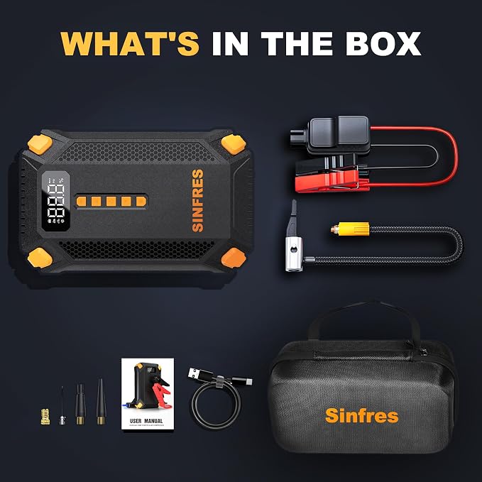 1000A Jump Starter with Air Compressor, 150PSI Portable Car Battery Booster Pack, 12V Jump Box for 6L Gas/3L Diesel Engines, Auto Shut-Off Tire Inflator, LCD Display, LED Light, USB Power Bank